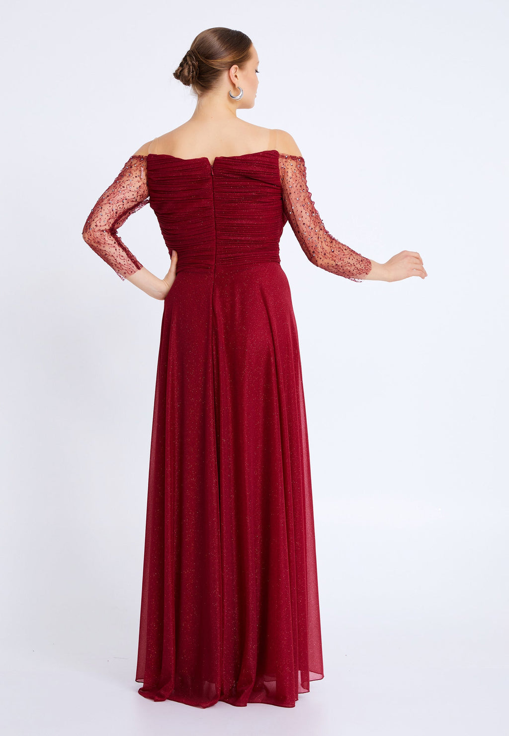Rochie lungă eleganta bordo cu aplicații strălucitoare Zoya