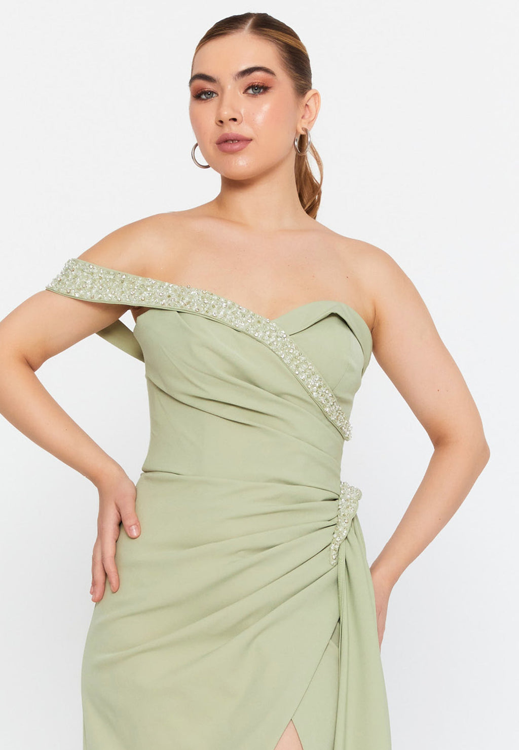 Rochie unică eleganta lungă verde fistic fără umeri Callia