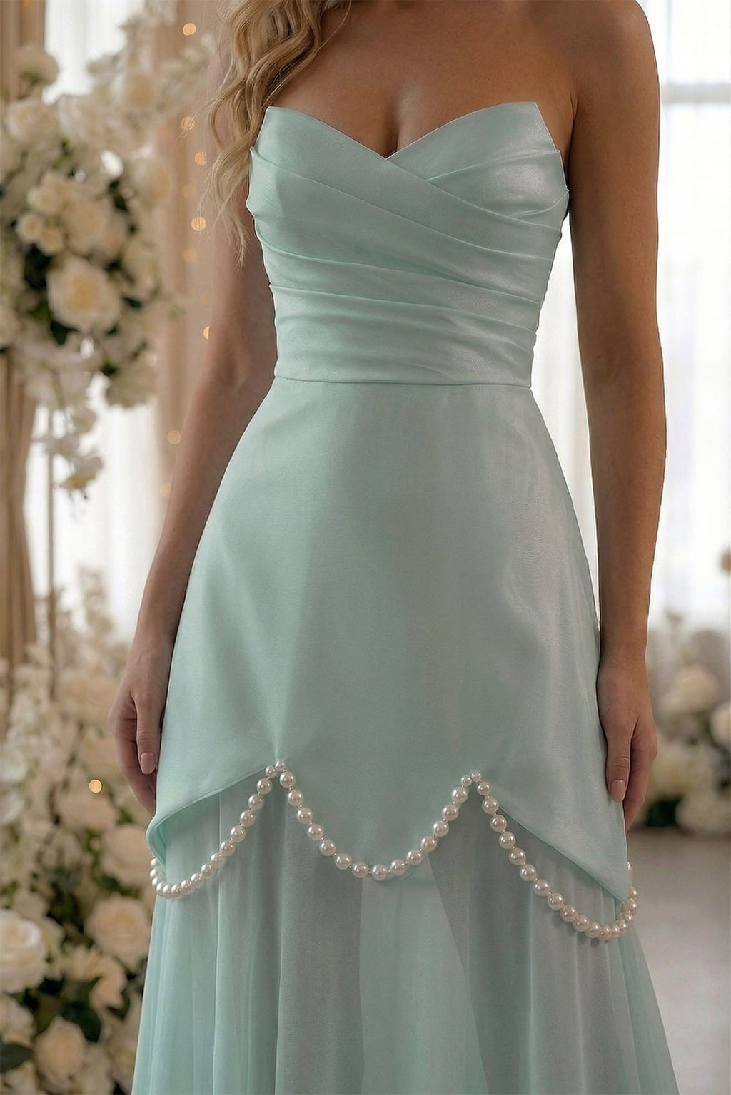 Rochie verde mint cu corset decorată cu perle și fusta detașabilă Emma
