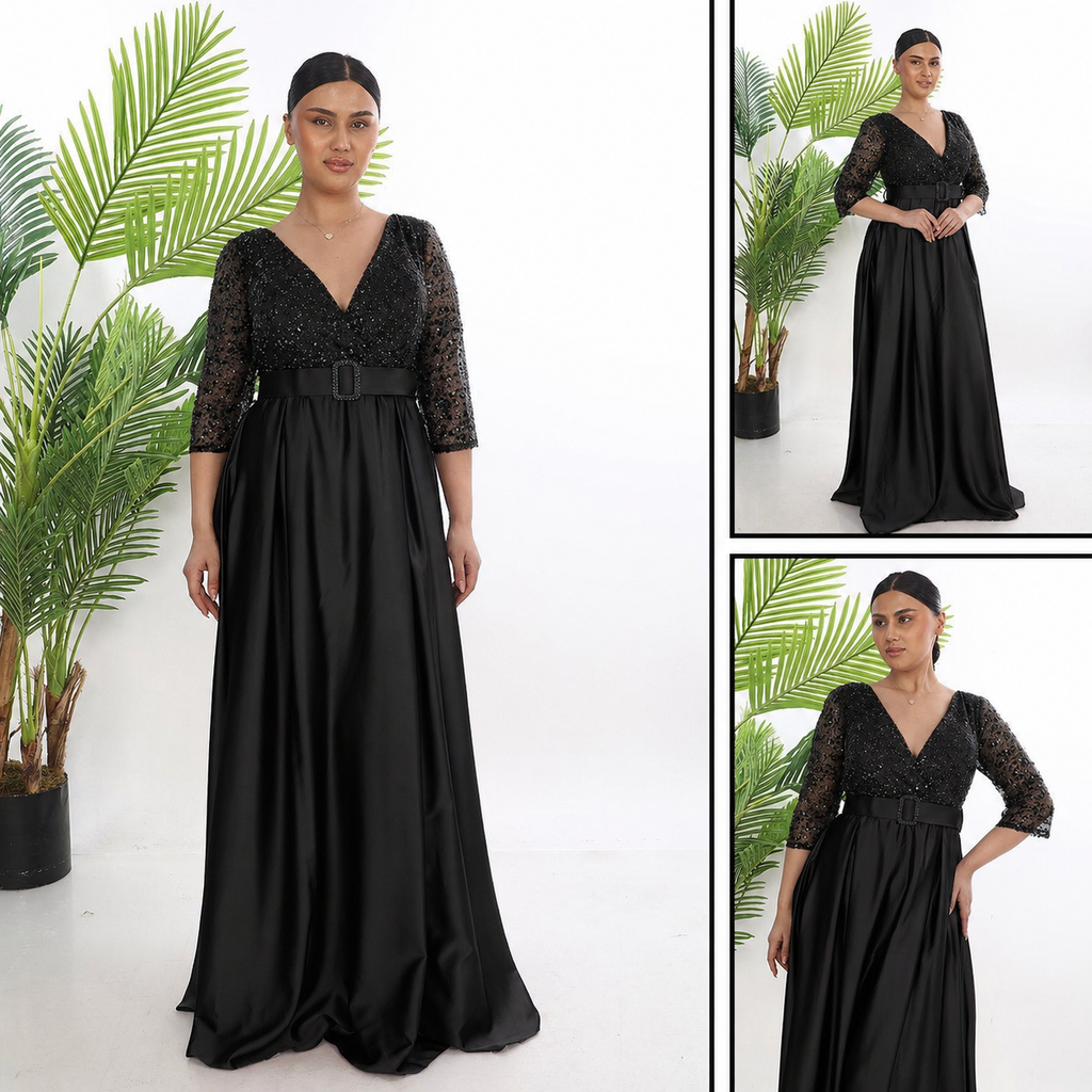 Rochie eleganta neagra cu maneci din tafta satinata