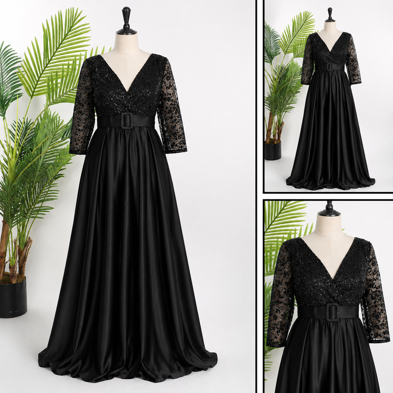 Rochie eleganta neagra cu maneci din tafta satinata