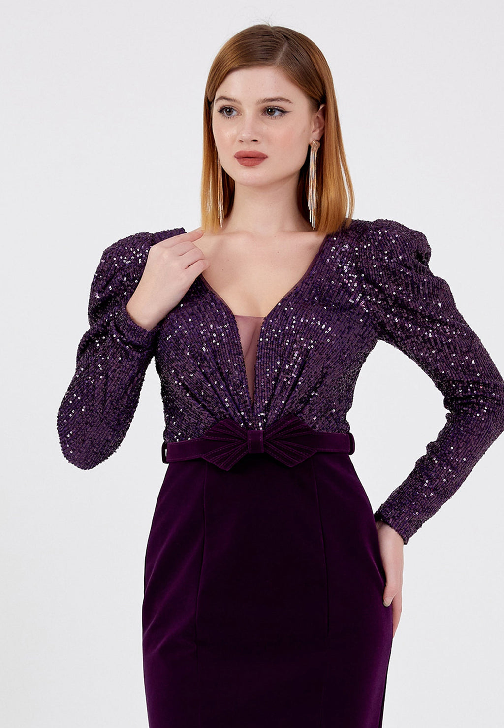 Rochie din catifea si paiete cu maneci Roxanne