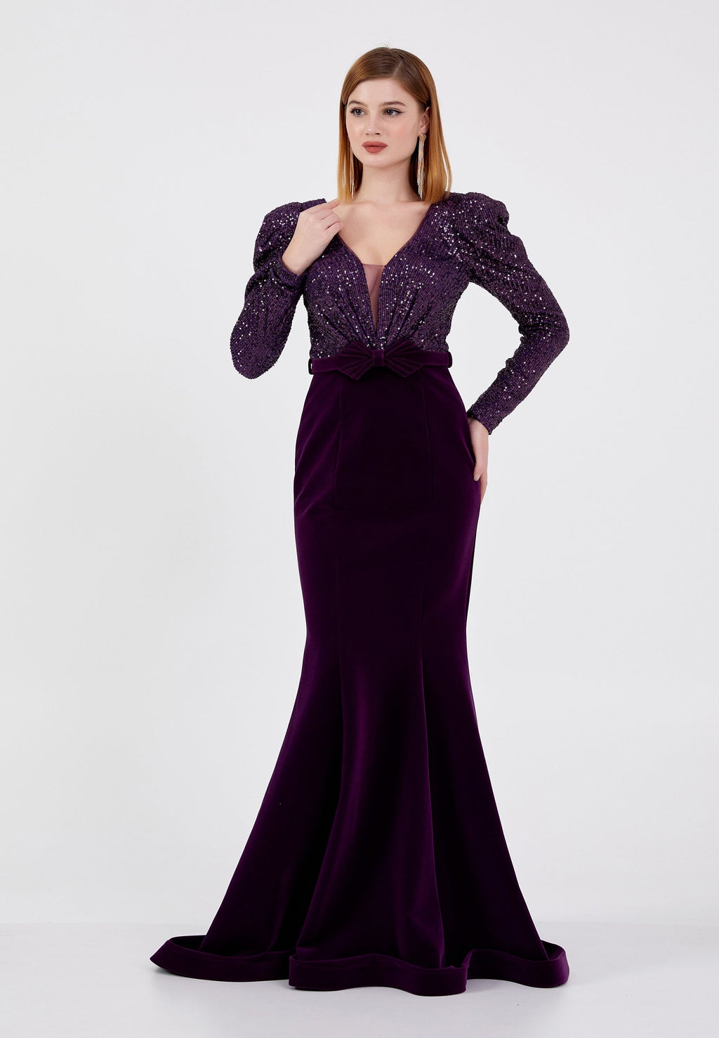Rochie din catifea si paiete cu maneci Roxanne