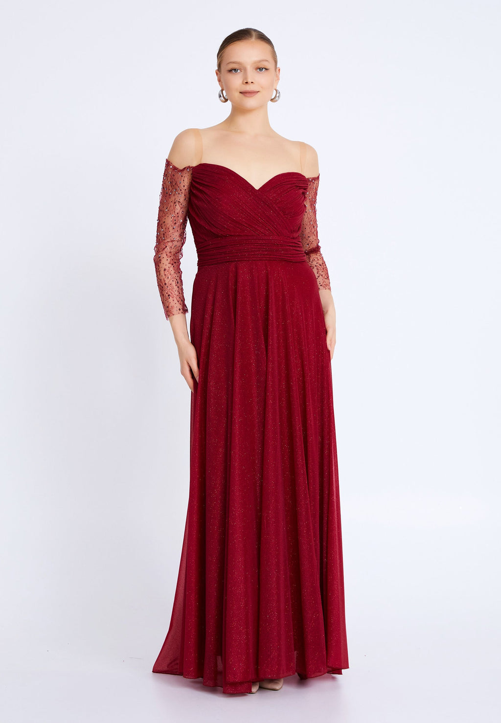 Rochie lungă eleganta bordo cu aplicații strălucitoare Zoya