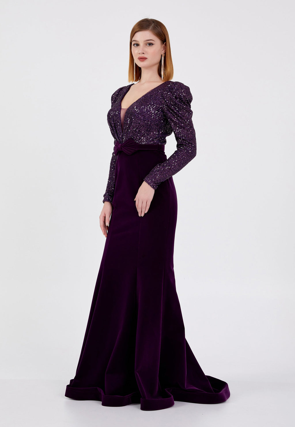 Rochie din catifea si paiete cu maneci Roxanne