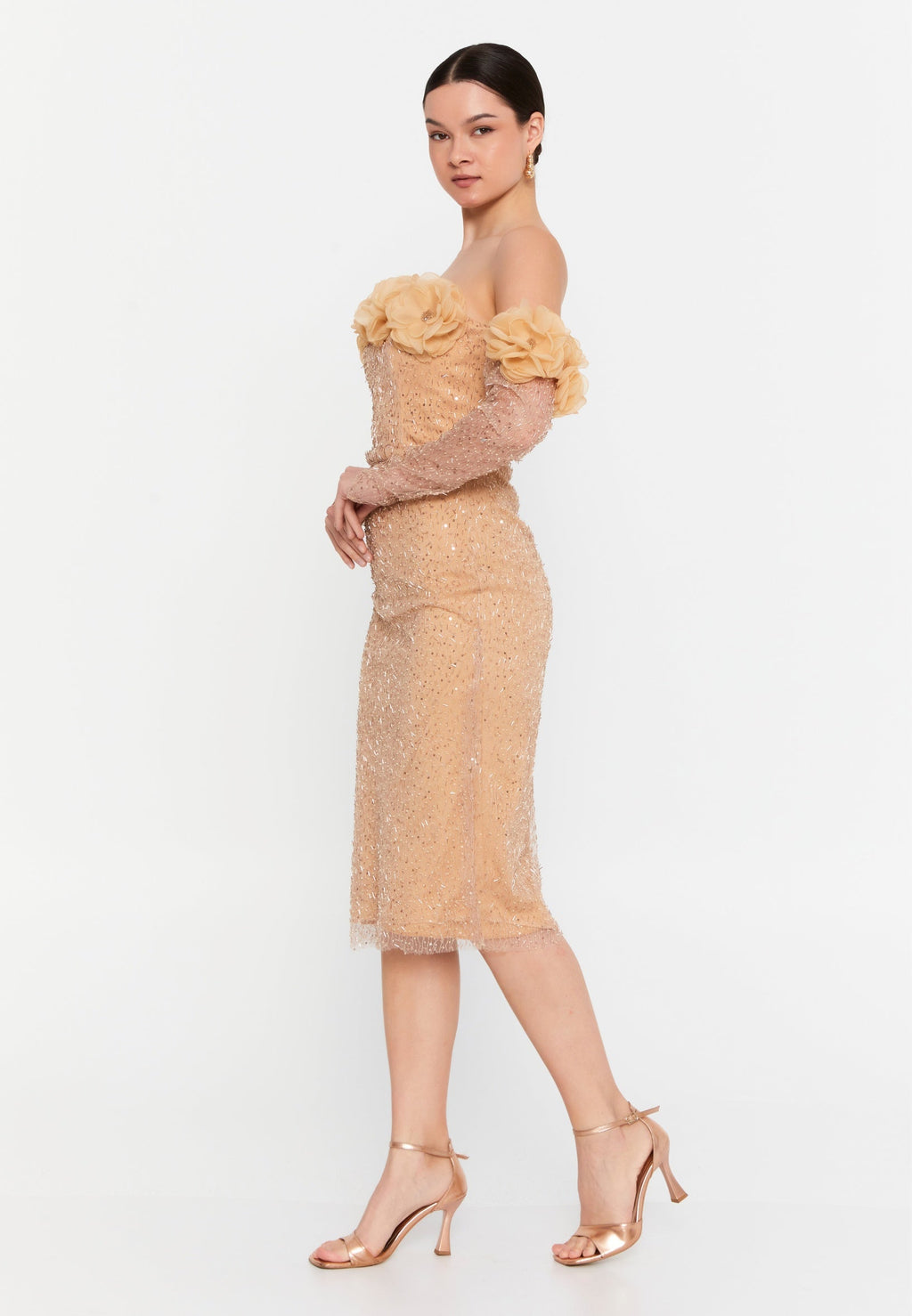 Rochie bijuterie nude - auriu cu flori 3D