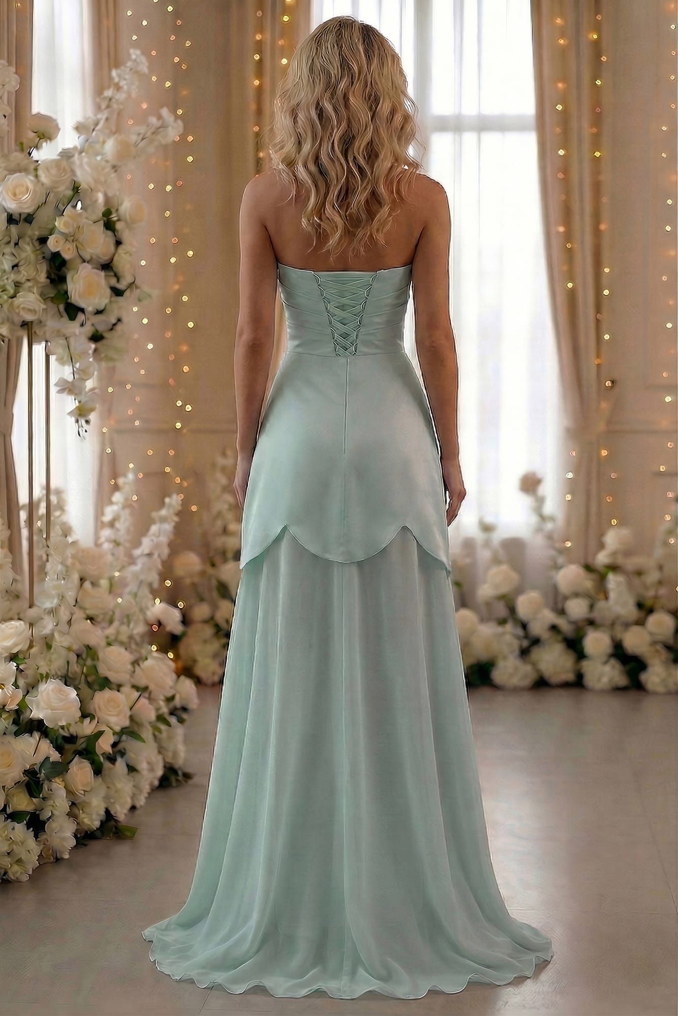 Rochie verde mint cu corset decorată cu perle și fusta detașabilă Emma