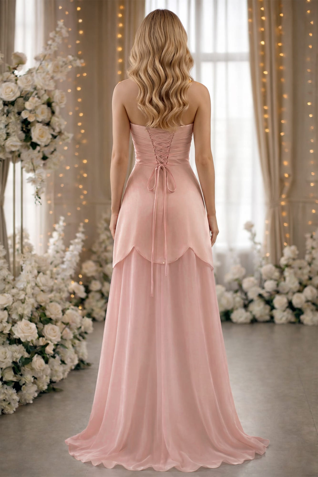 Rochie roz pe corset decorată cu perle și fusta detașabilă Emma
