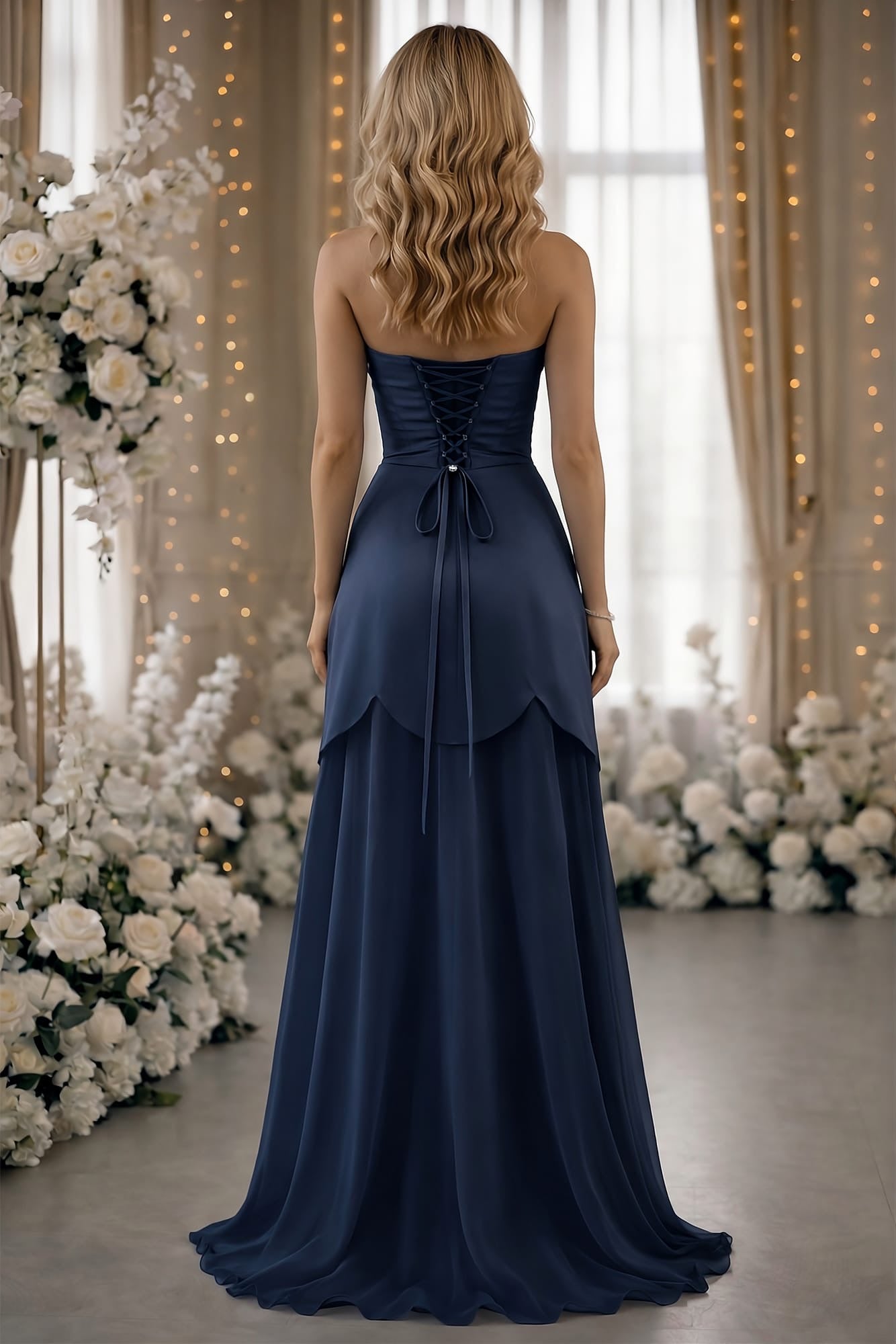 Rochie cu corset bleumarin cu fusta detașabilă și decorată cu perle
