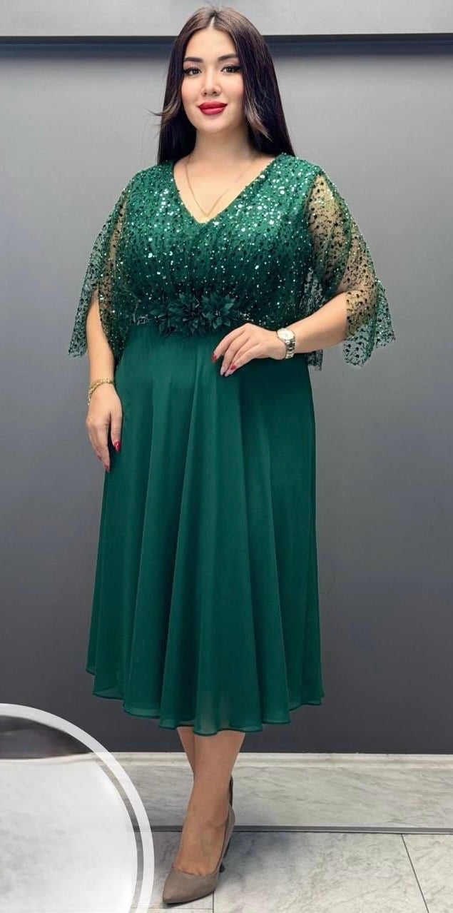 Rochie verde smarald midi din voal