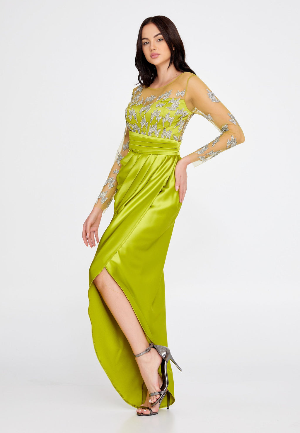Rochie midi verde lime cu maneci Katana