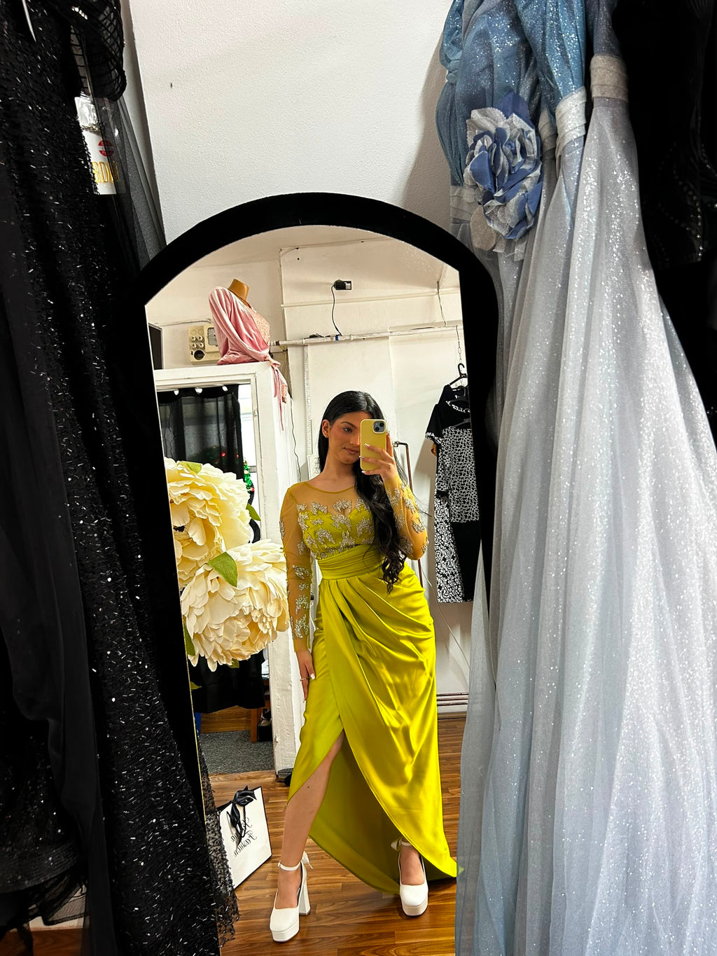 Rochie midi verde lime cu maneci Katana