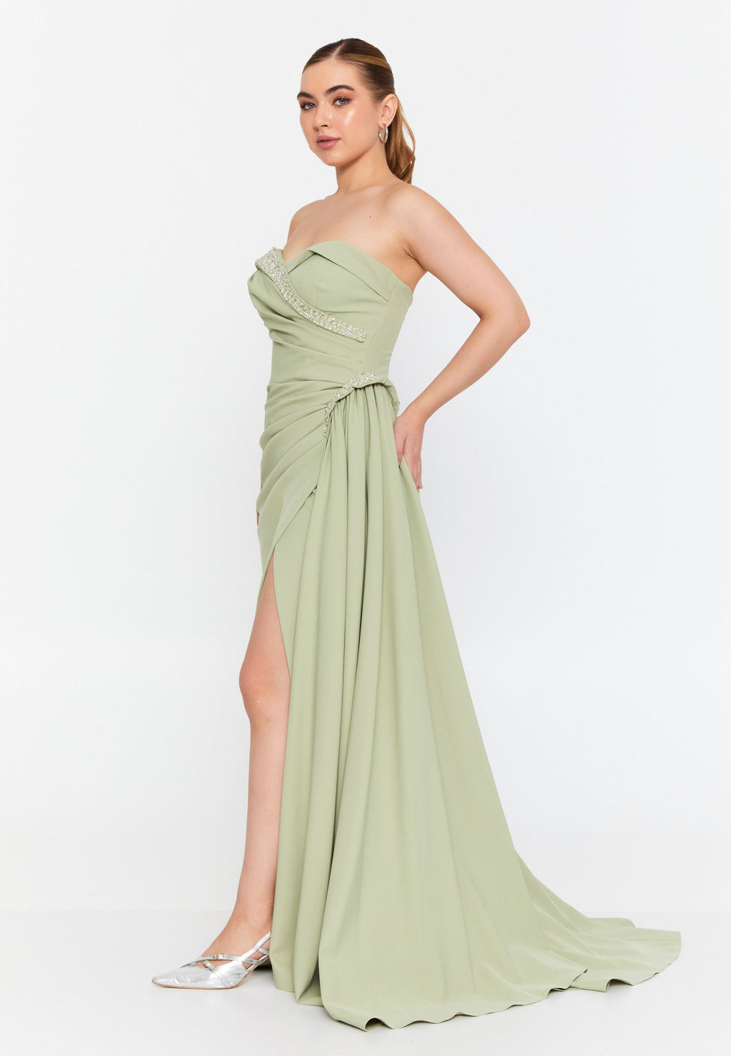 Rochie unică eleganta lungă verde fistic fără umeri Callia