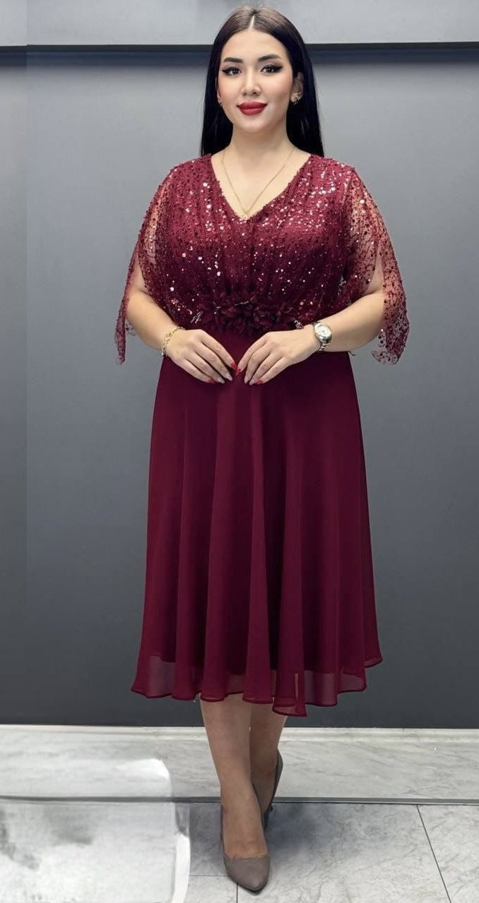 Rochie bordo midi cu mâneci din voal transparent Gloria