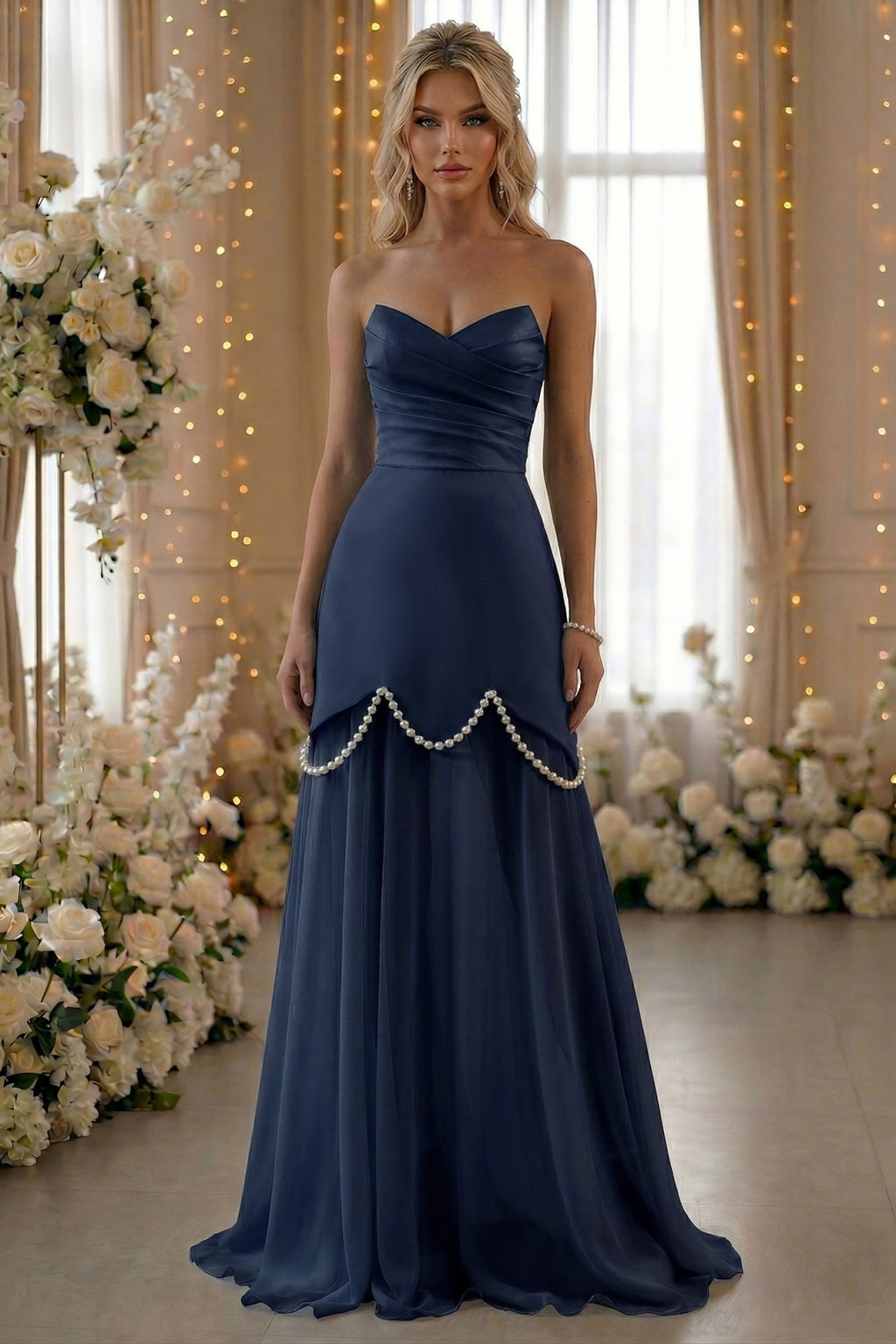 Rochie cu corset bleumarin cu fusta detașabilă și decorată cu perle