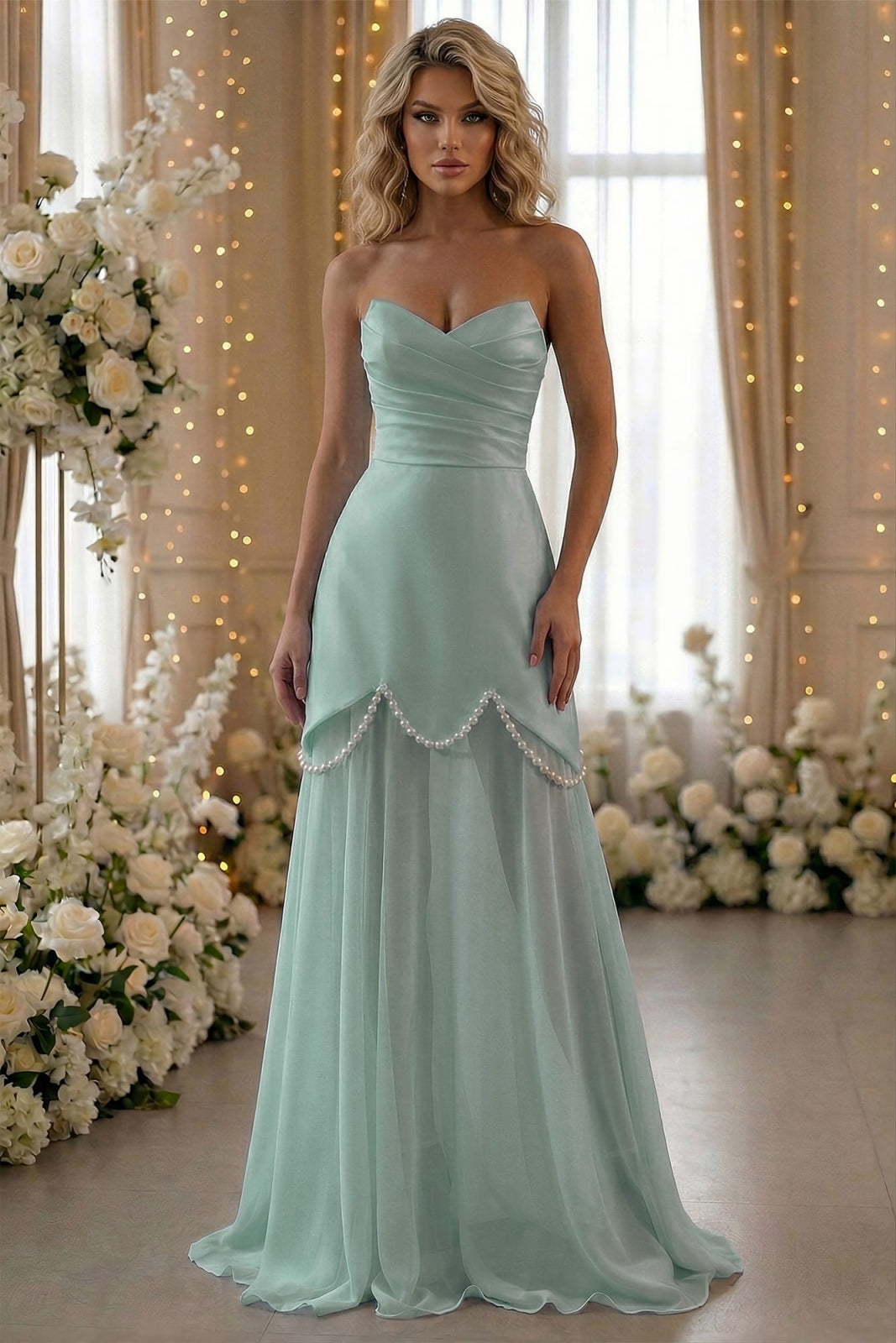 Rochie verde mint cu corset decorată cu perle și fusta detașabilă Emma