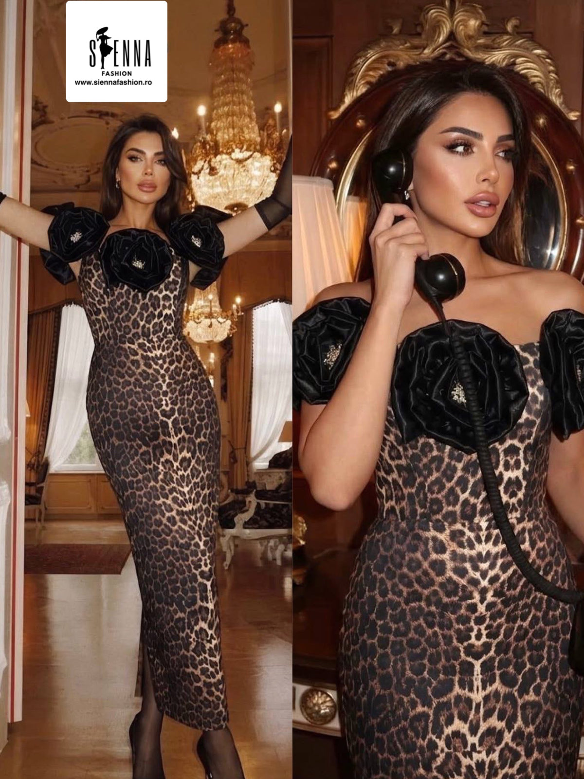 Rochie eleganta leopard cu trandafiri 3D