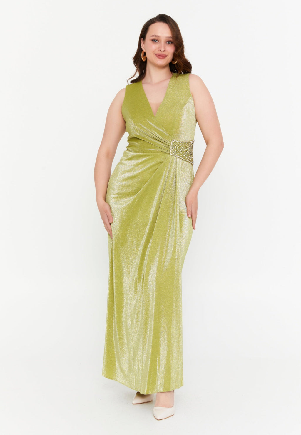 Rochie eleganta maxi, verde lime cu efect lucios Vanda