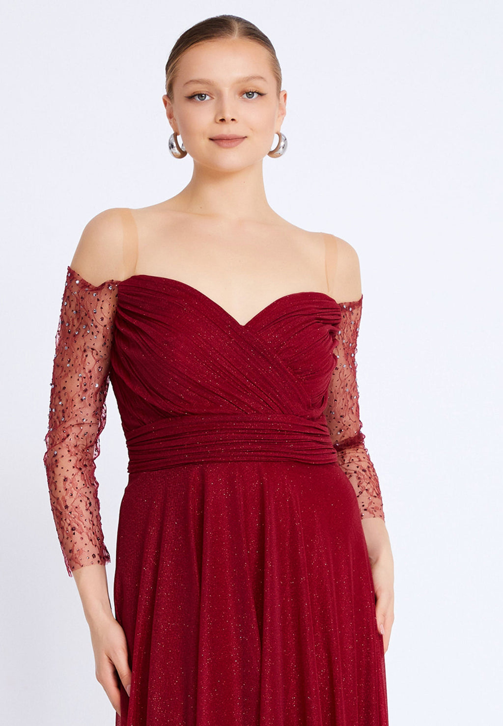 Rochie lungă eleganta bordo cu aplicații strălucitoare Zoya
