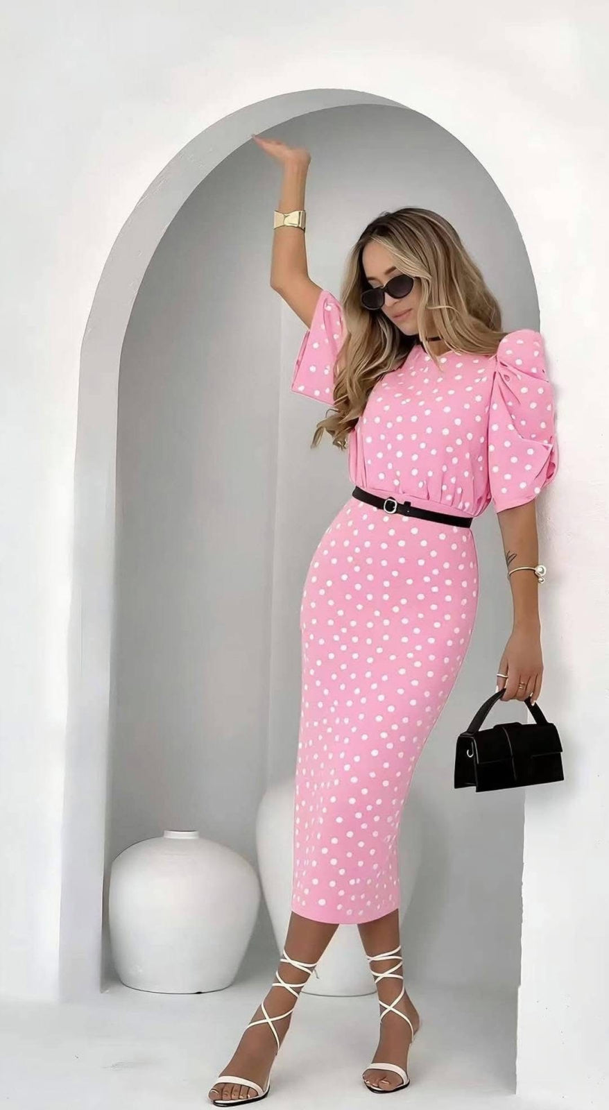 Rochie midi feminina roz cu buline