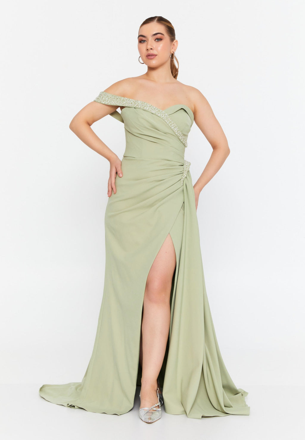 Rochie unică eleganta lungă verde fistic fără umeri Callia