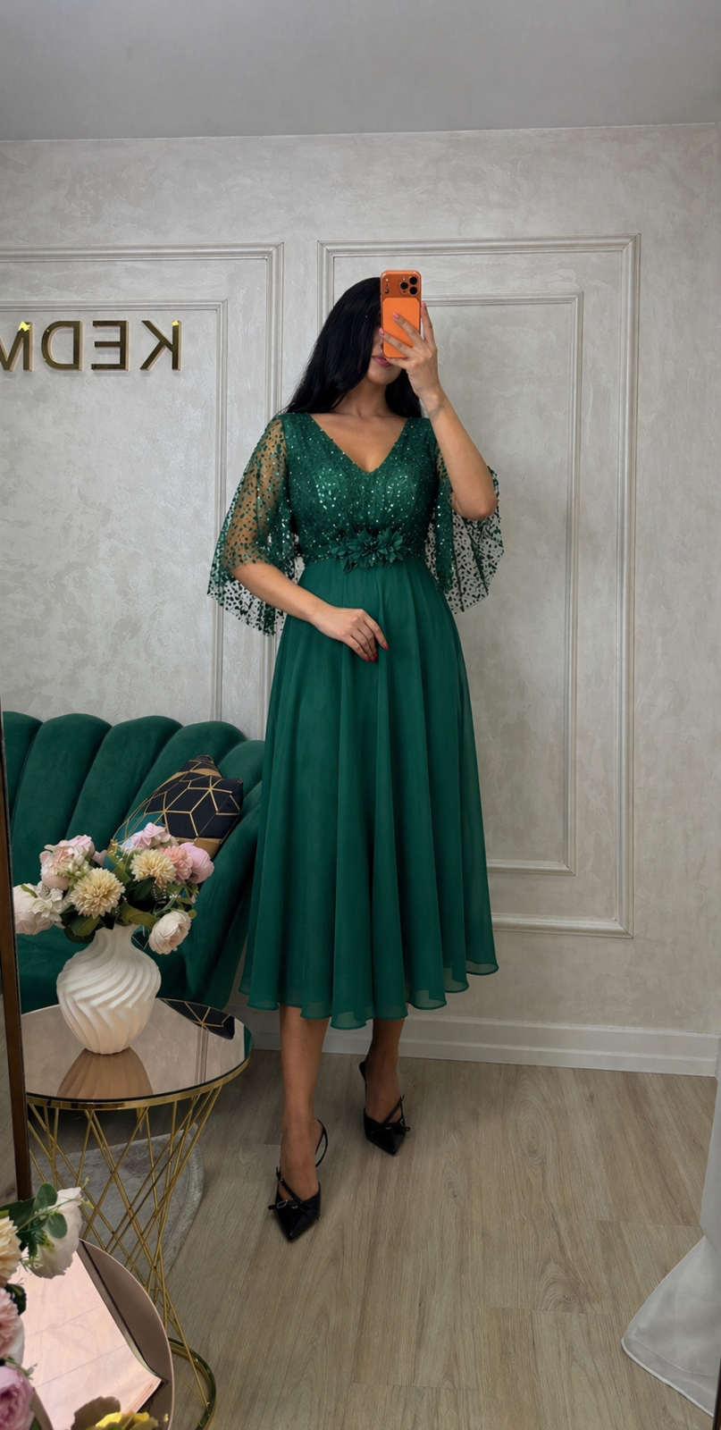 Rochie verde smarald midi din voal
